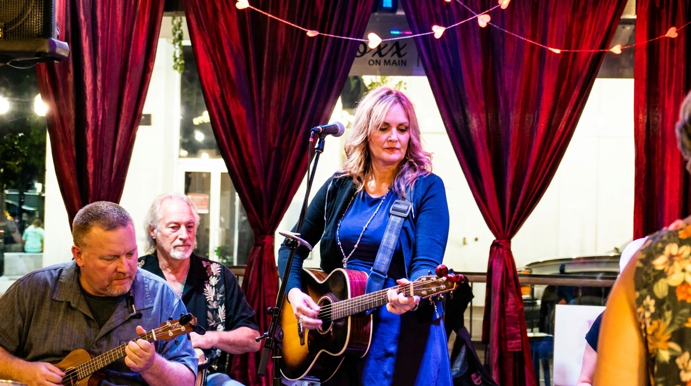 A woman plays an acoustic guitar and sings with two men playing string instruments.