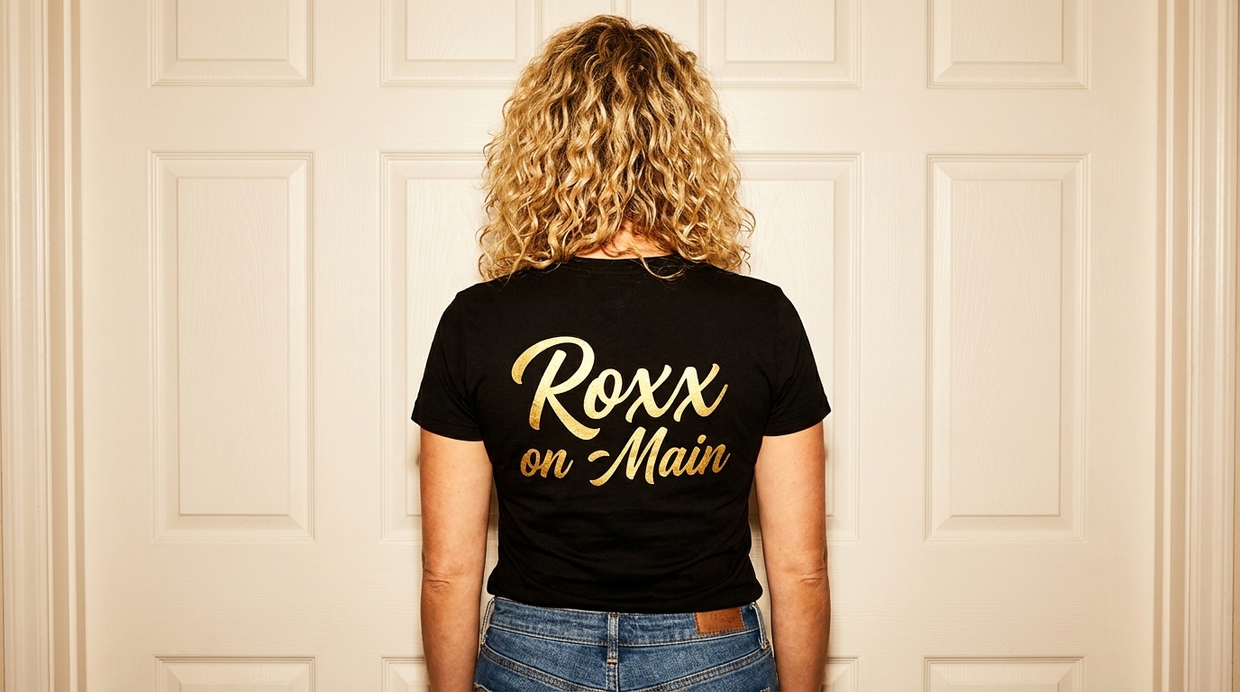 A person with curly blonde hair wears a black t-shirt with "Roxx on Main" in gold script.