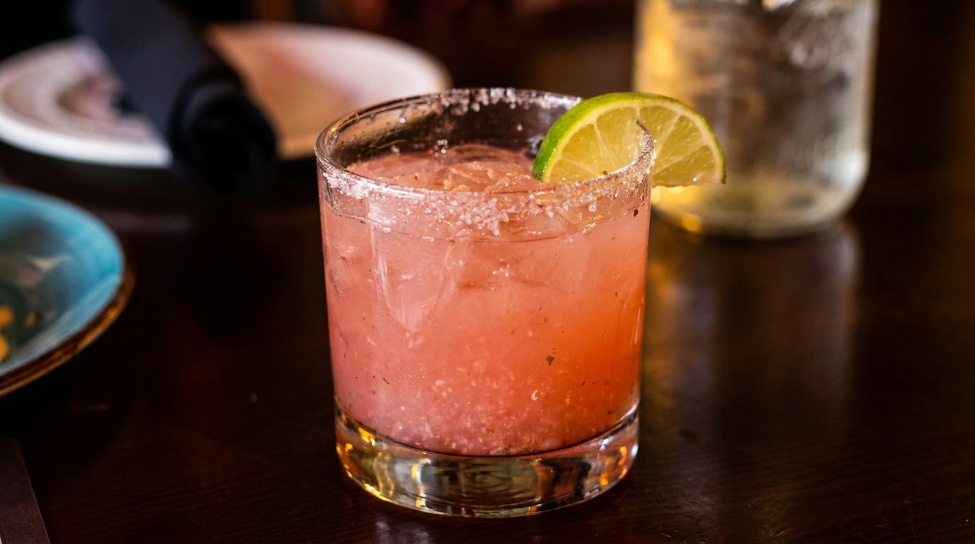 Pink margarita with a salted rim and lime wedge on a dark wooden table.