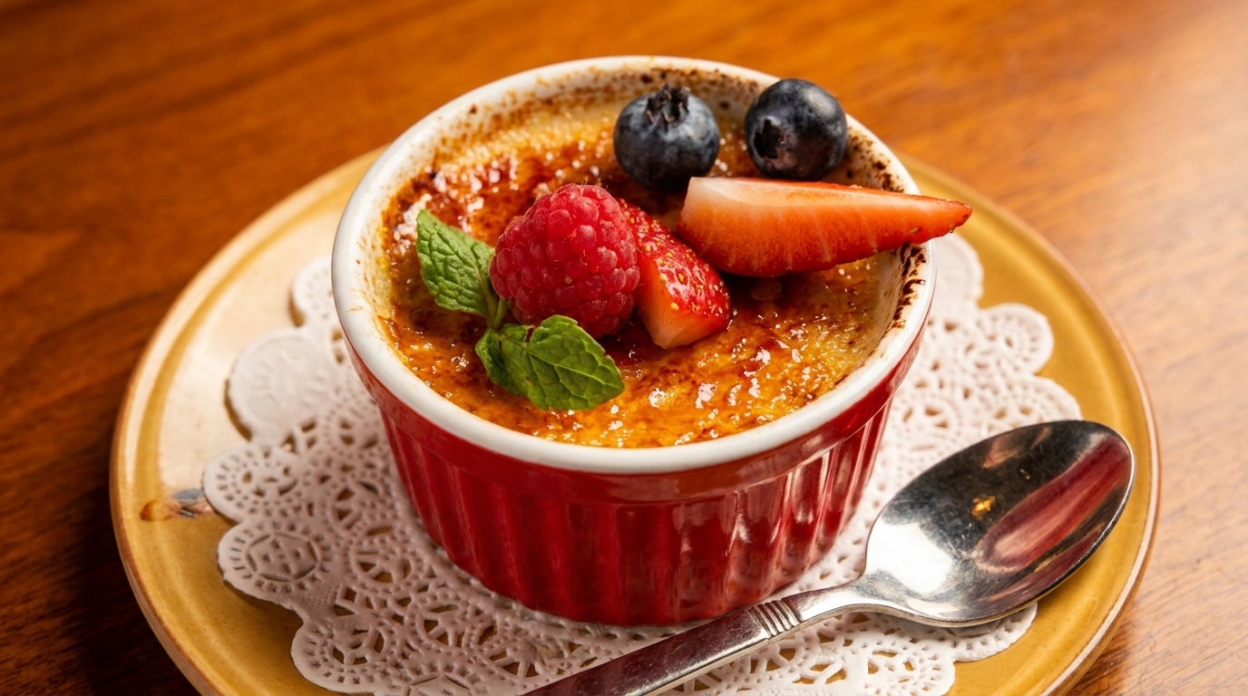 Crème brûlée in a red ramekin, topped with raspberries, blueberries, strawberries, and mint.