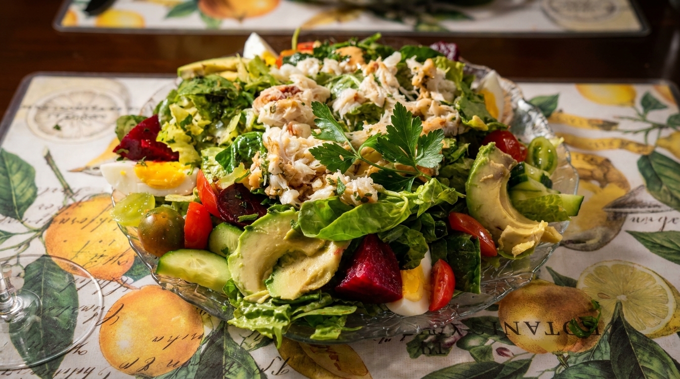 A vibrant Cobb salad with crab meat, avocado, eggs, and beets on a lemon-patterned placemat.