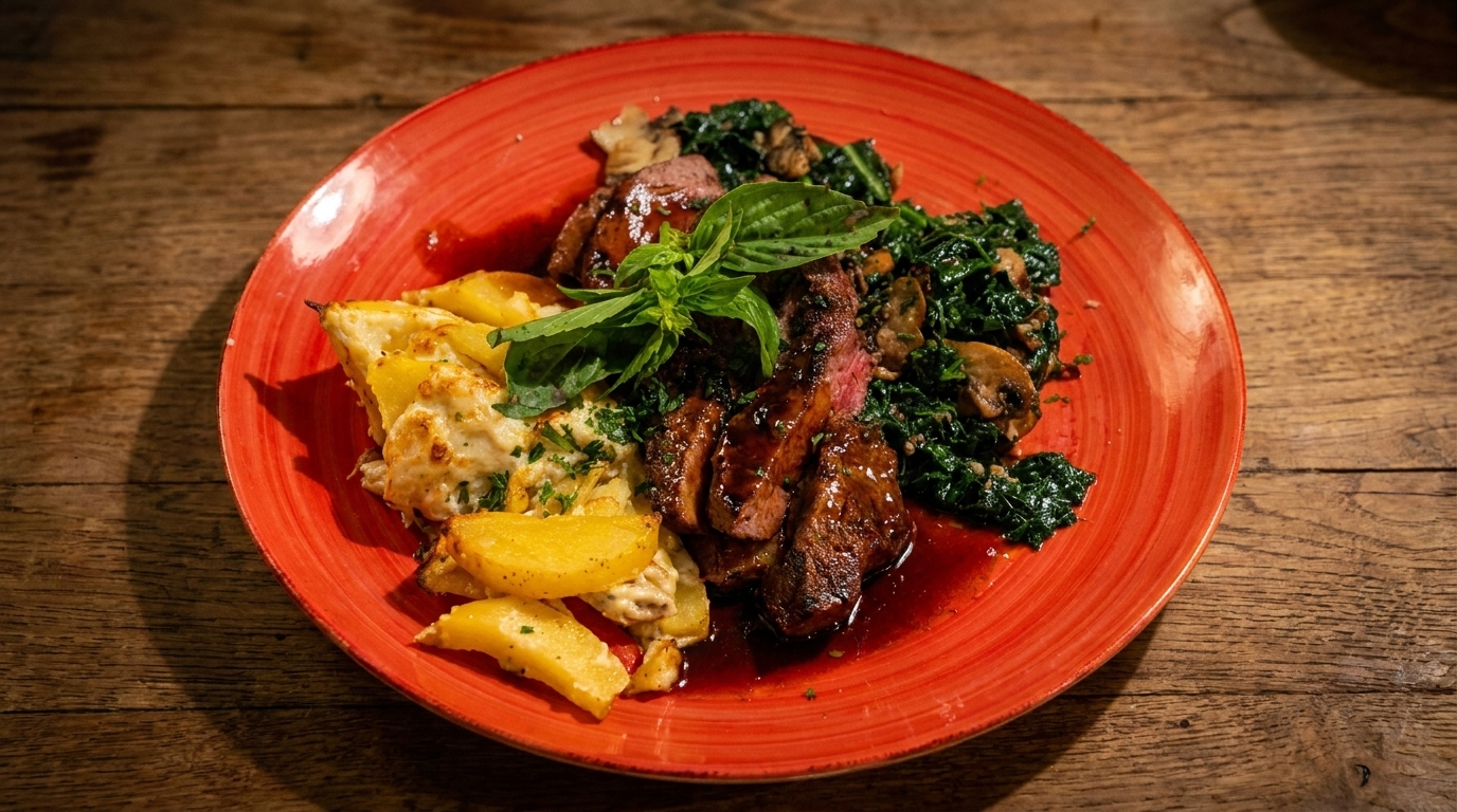 Sliced steak with basil, roasted potatoes, and sautéed greens on a red plate.