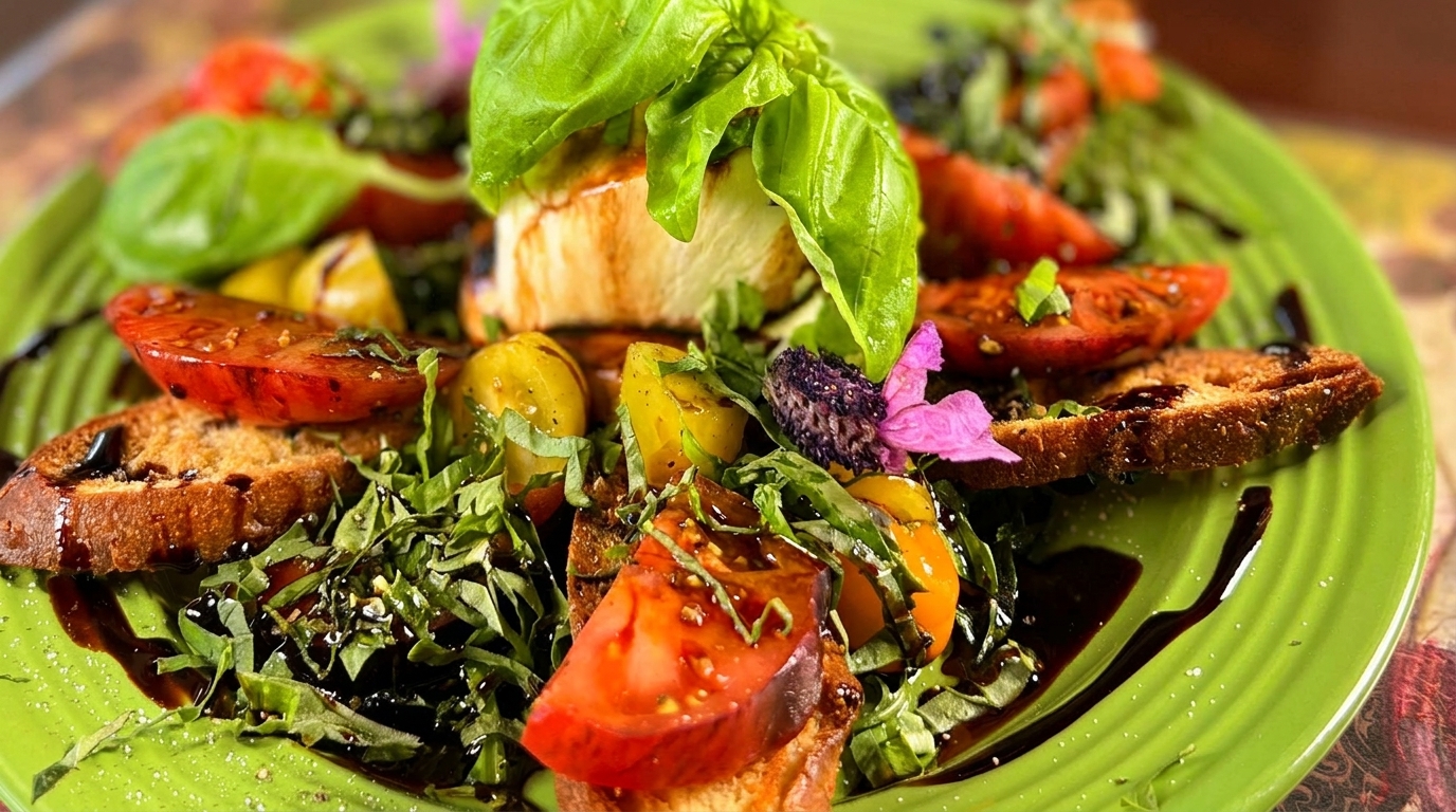 Caprese salad with fresh basil, tomatoes, mozzarella, balsamic glaze, and toasted bread on a green plate.