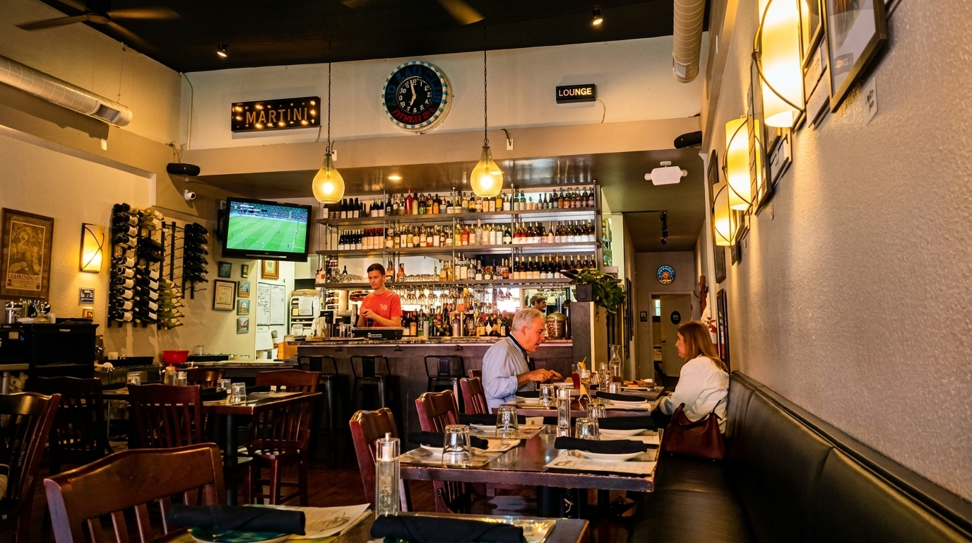 A restaurant interior with a bar, dining tables, and patrons enjoying their meals.