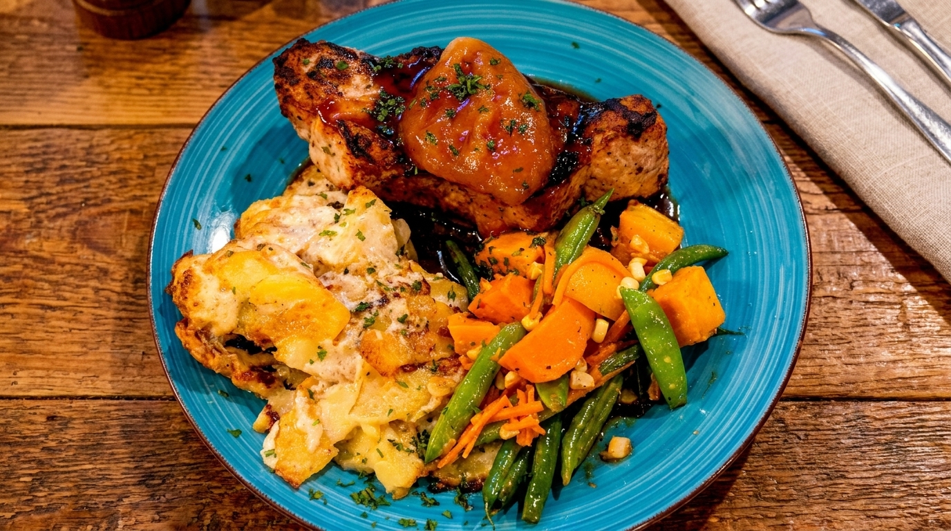 Grilled pork chop with apple chutney, scalloped potatoes, and mixed vegetables on a blue plate.