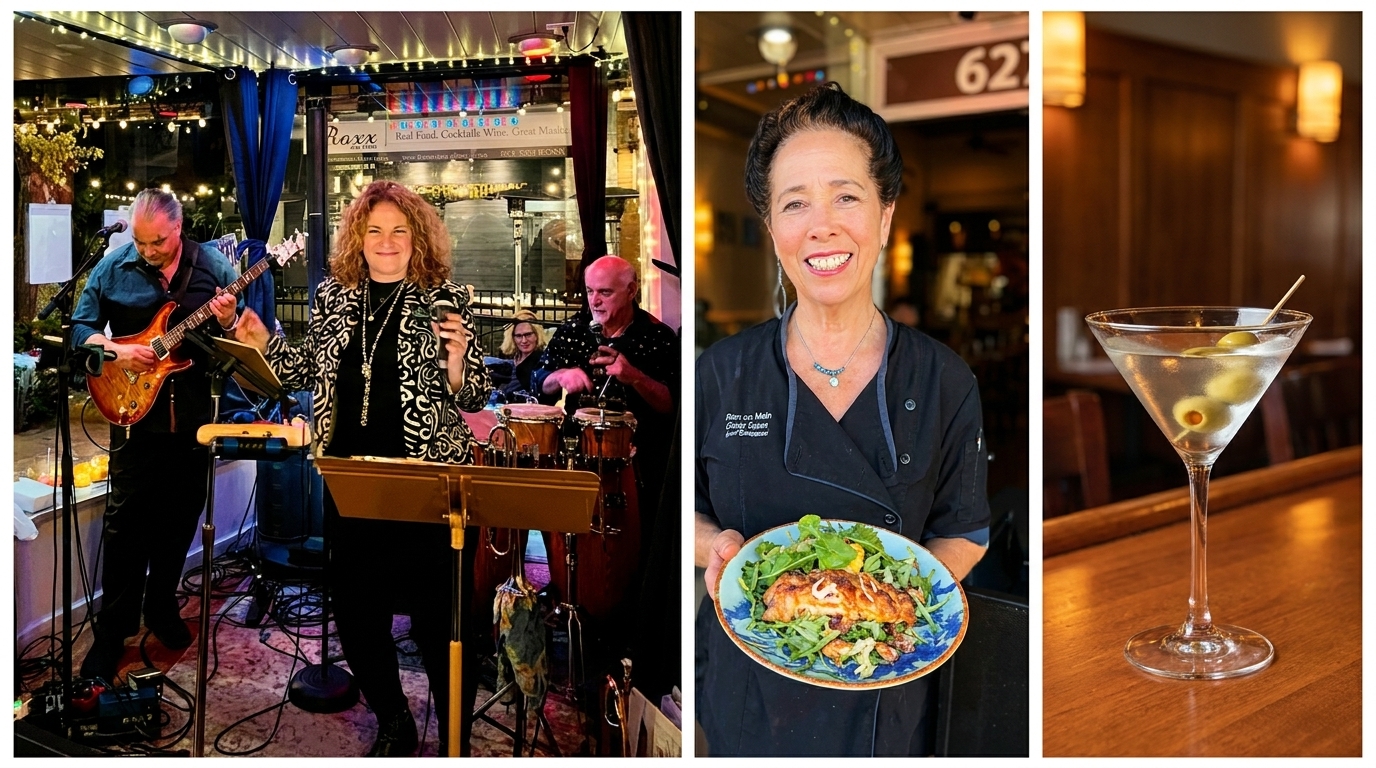A band performing, a chef holding a fish dish, and a martini with olives on a bar.