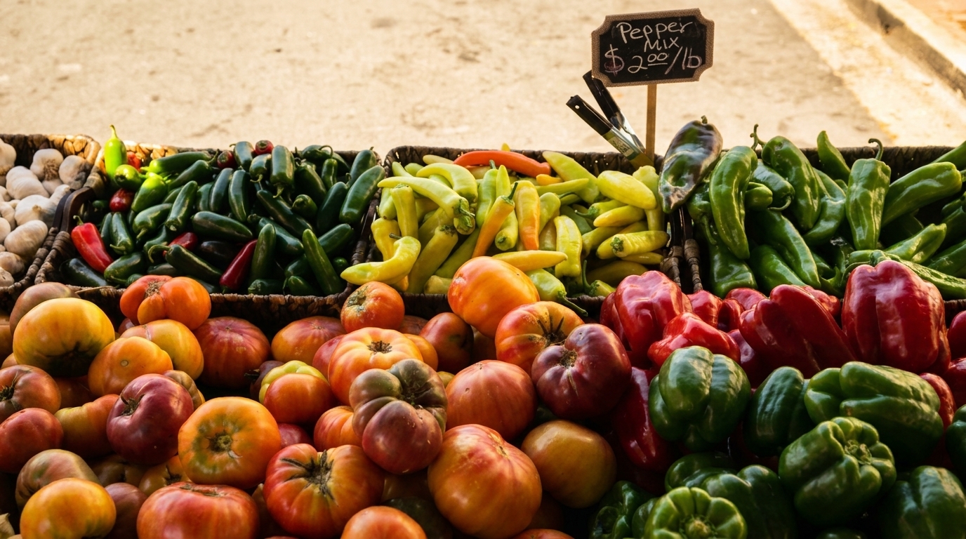 Colorful fresh peppers, tomatoes, and garlic cloves displayed in baskets at a market stall.