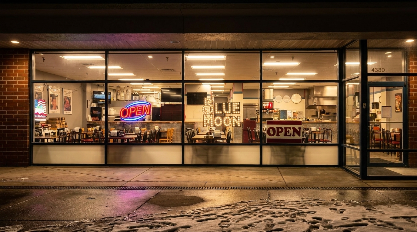 Exterior view of Blue Moon restaurant at night, with "OPEN" neon signs and snow on the ground.