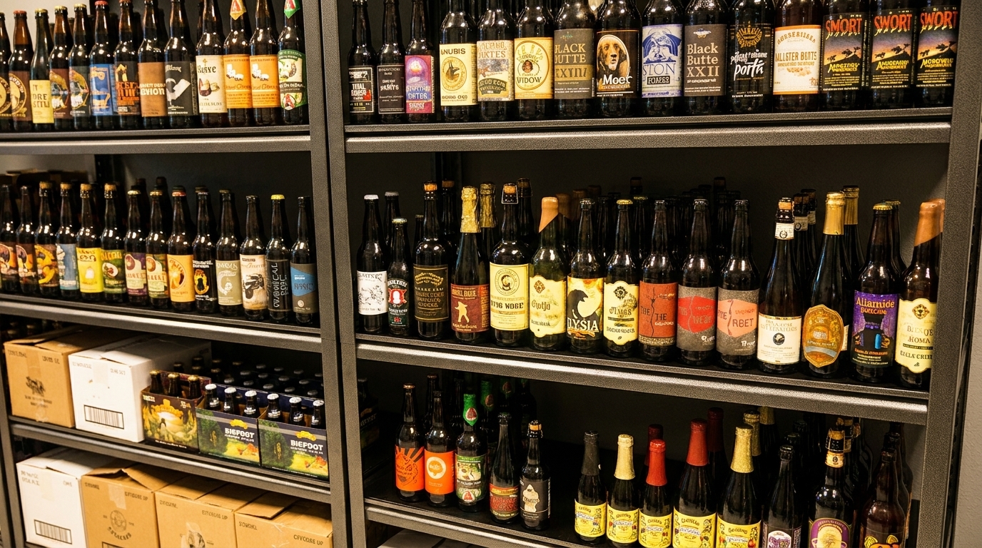 Shelves filled with various craft beer bottles, some in boxes, showcasing diverse labels and brands.