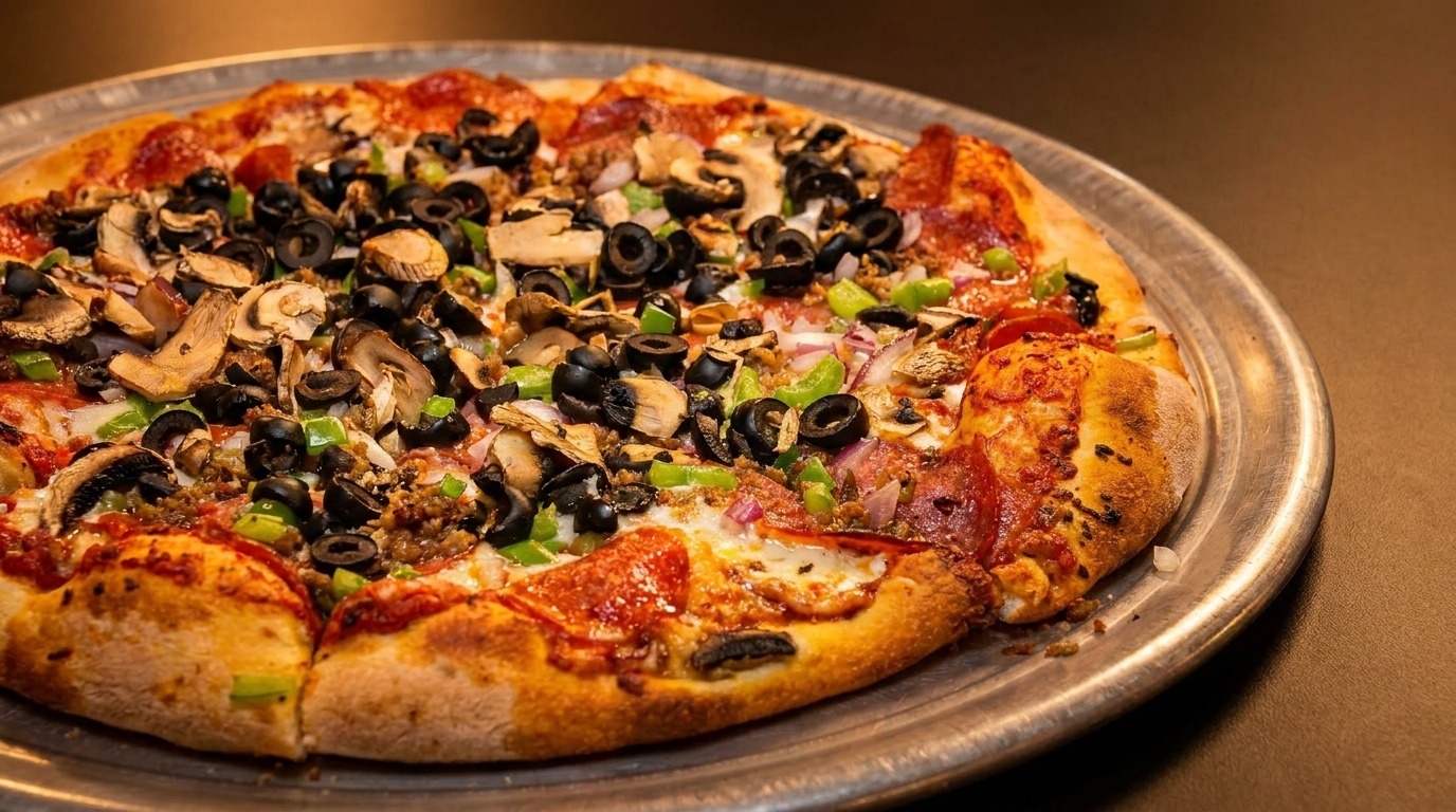 A whole pizza with pepperoni, mushrooms, black olives, green peppers, and onions on a metal pan.