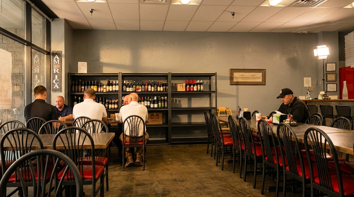 Diners seated at tables in a restaurant with shelves of beverages and a bar area.
