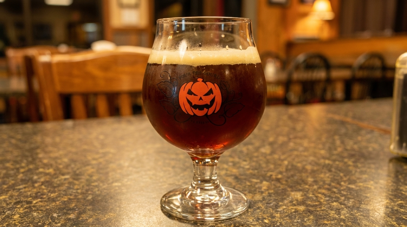 A glass of dark beer with a pumpkin logo sits on a speckled table in a restaurant.