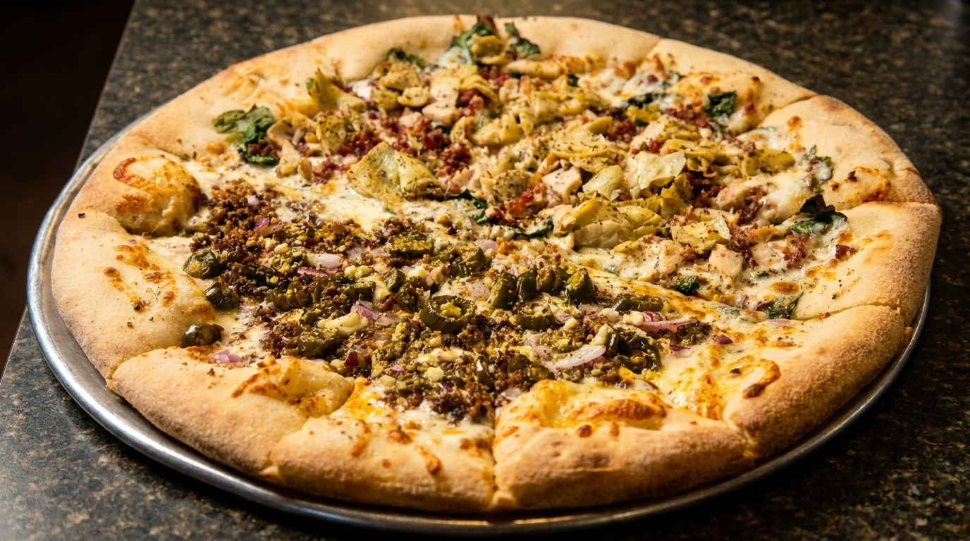 A large, round pizza with two distinct halves of toppings, on a metal tray.