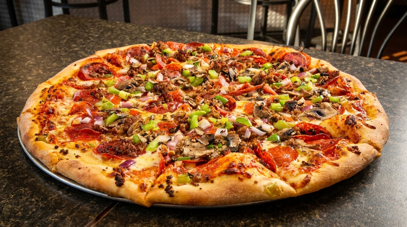A large, hot, fresh pizza with pepperoni, sausage, mushrooms, onions, and green peppers.