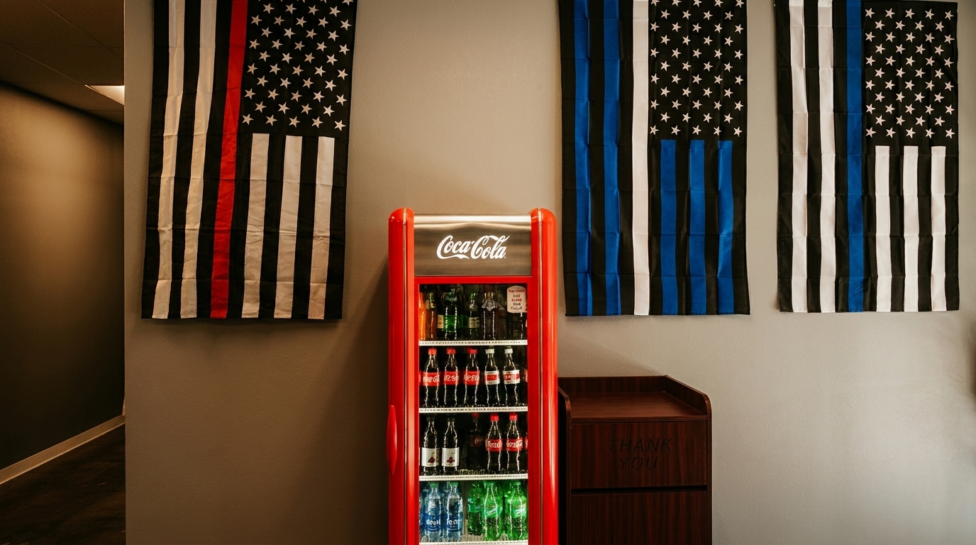 A red Coca-Cola fridge filled with drinks, flanked by three American flags with colored stripes.