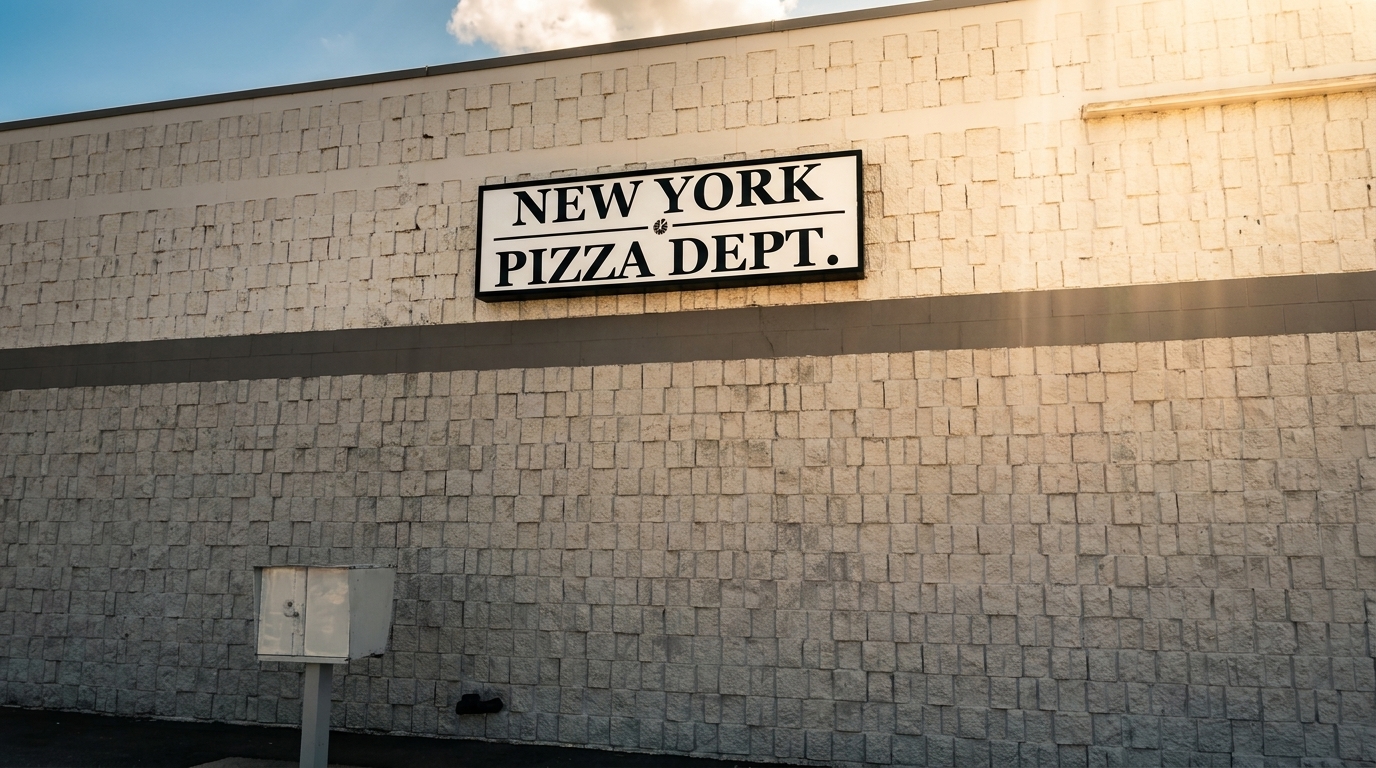 Exterior sign for "New York Pizza Dept." on a textured stone wall under a blue sky.
