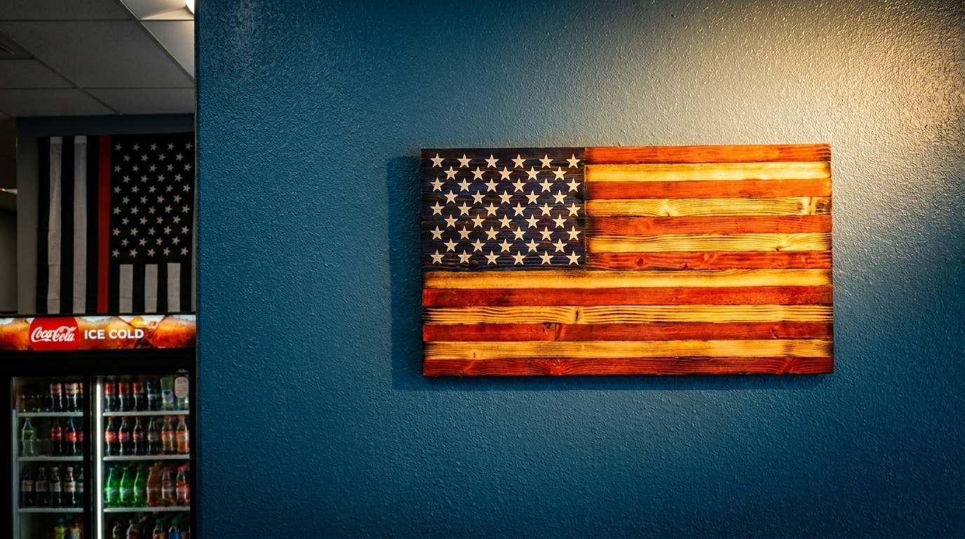 A wooden American flag hangs on a blue wall next to a Coca-Cola cooler and another flag.
