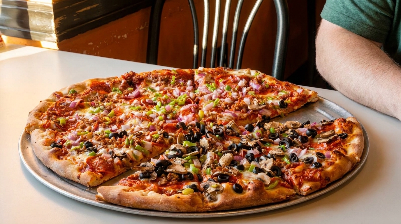 A large pizza with various toppings, including pepperoni, sausage, onions, and olives, on a metal tray.