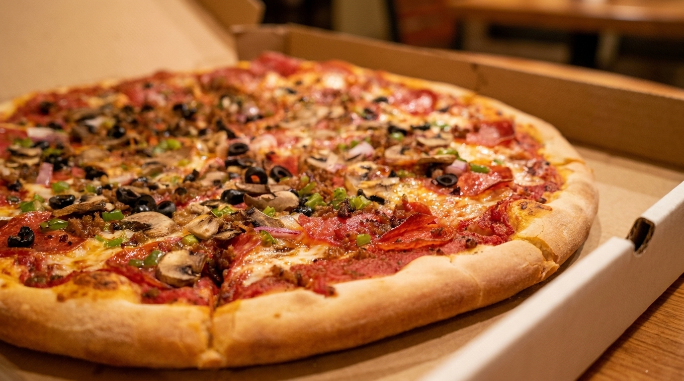 A large, hot pizza with pepperoni, sausage, mushrooms, olives, and peppers in a cardboard box.