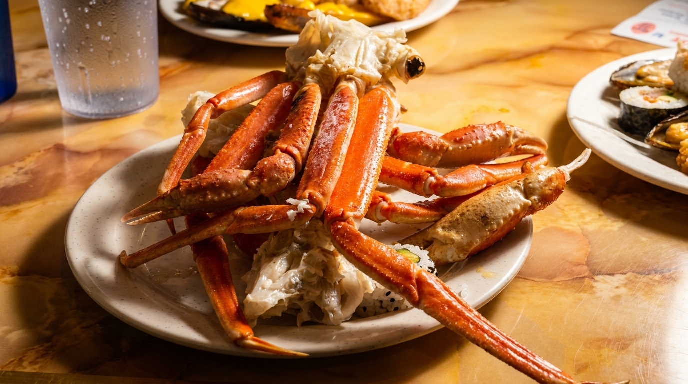 A plate of cooked crab legs and sushi on a marble table with other dishes and a drink.