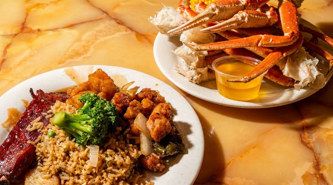 Plates of Chinese food, including ribs, fried rice, broccoli, orange chicken, and crab legs with butter.