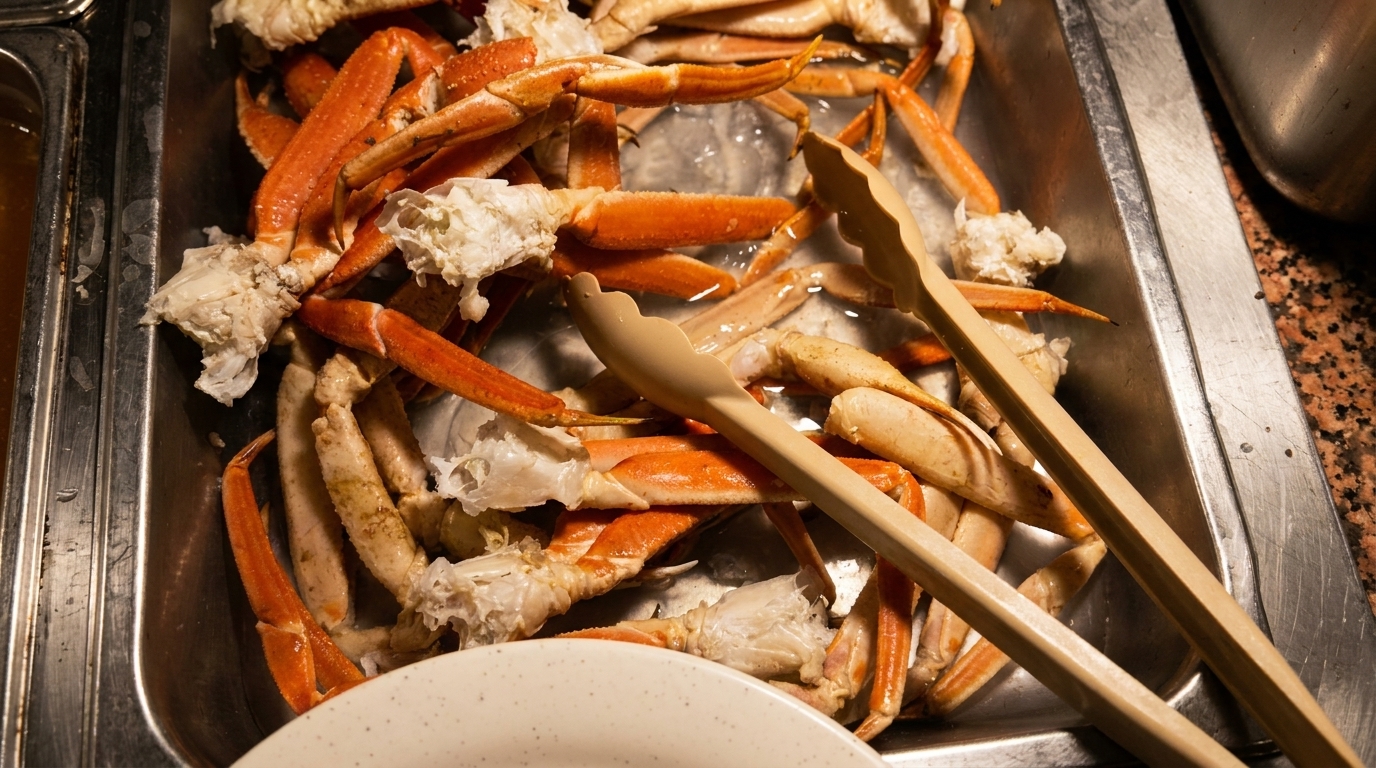 Steamed crab legs with tongs in a metal serving tray at a buffet.