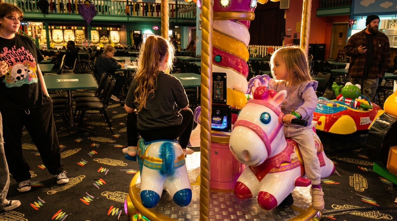 Two young girls ride a carousel inside a restaurant with arcade games and tables.