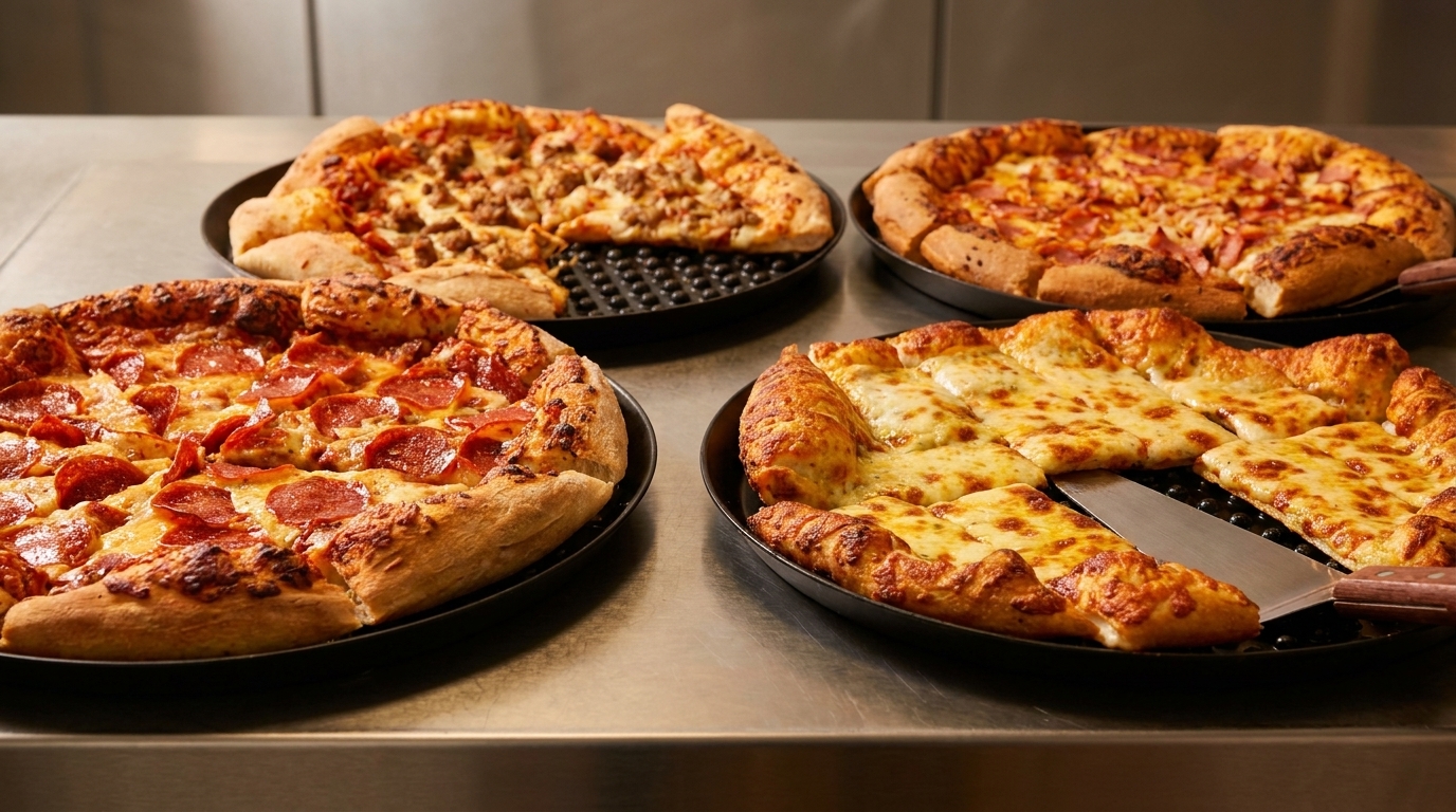 Four pizzas, including pepperoni, sausage, ham, and cheesy breadsticks, on a metal counter.