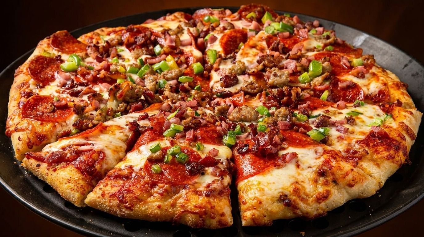 A large, sliced meat lover's pizza with pepperoni, sausage, bacon, and green peppers.