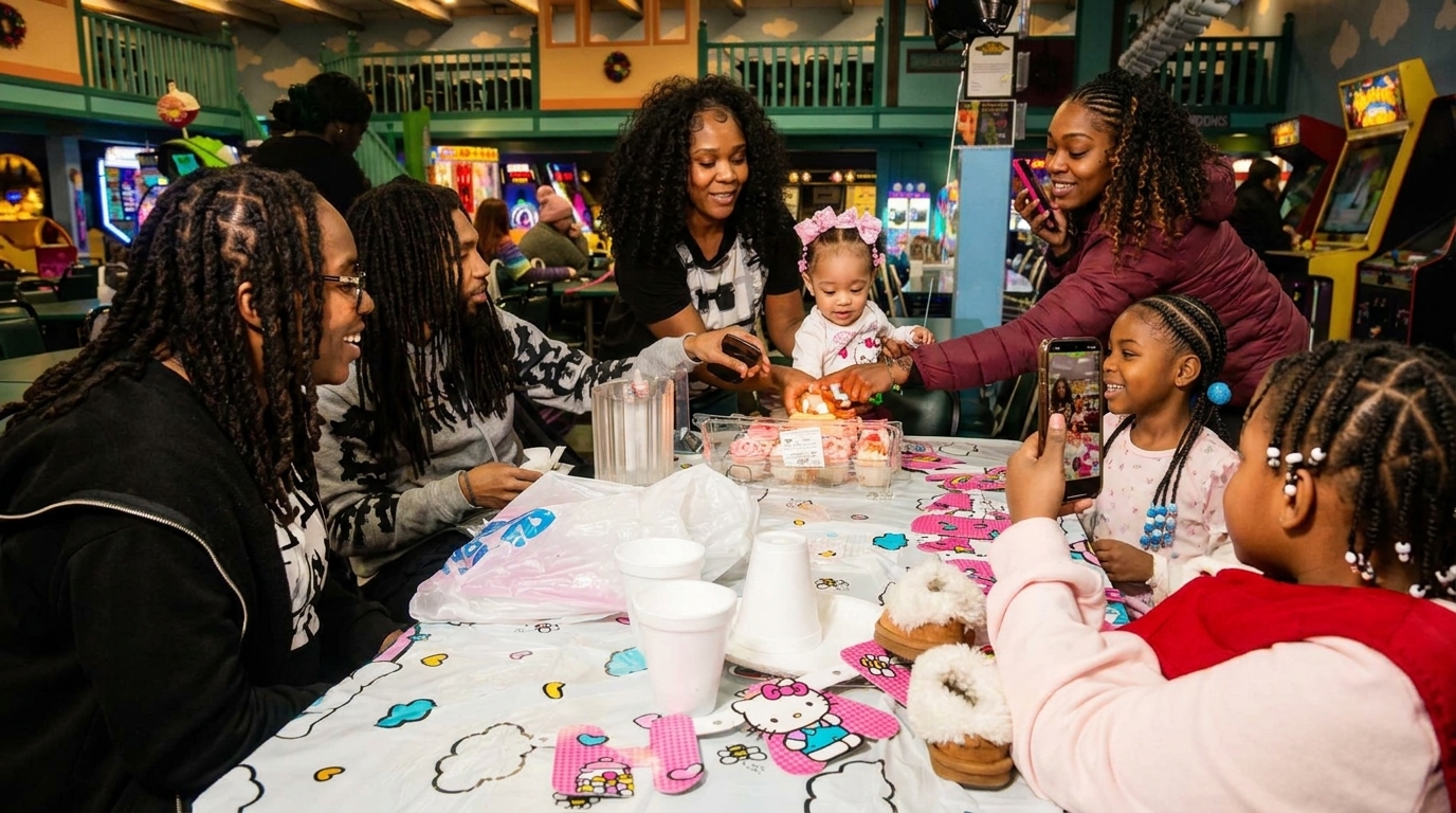 A family celebrates a child's birthday with cupcakes and arcade games in the background.
