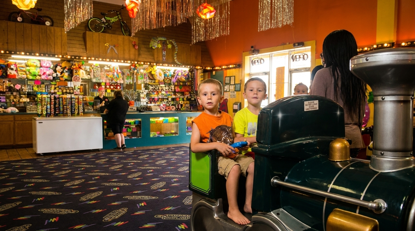 Two young boys sit on a coin-operated train ride in a brightly lit arcade with prizes.