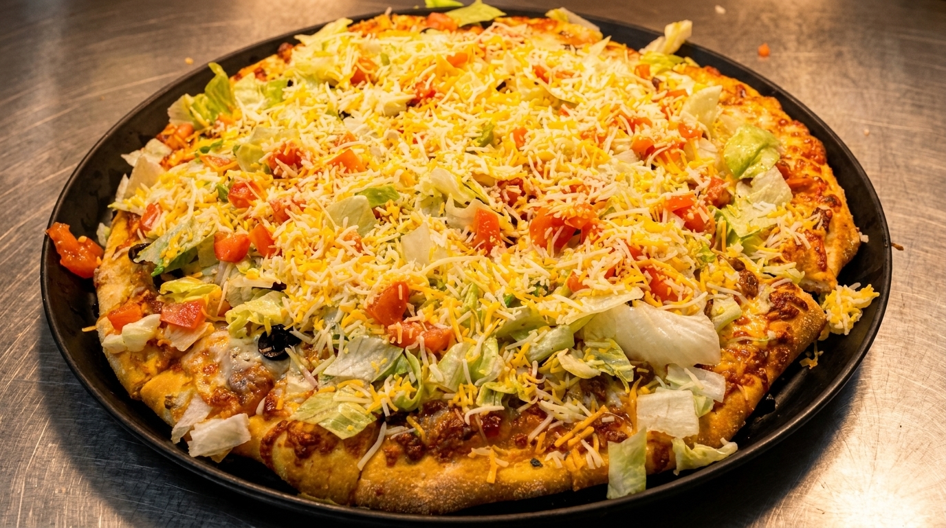 A large taco pizza topped with shredded lettuce, diced tomatoes, and cheese on a dark pan.