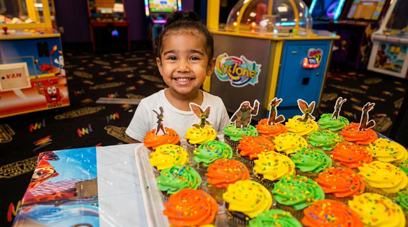 A smiling child sits behind a tray of colorful cupcakes with character toppers in an arcade.