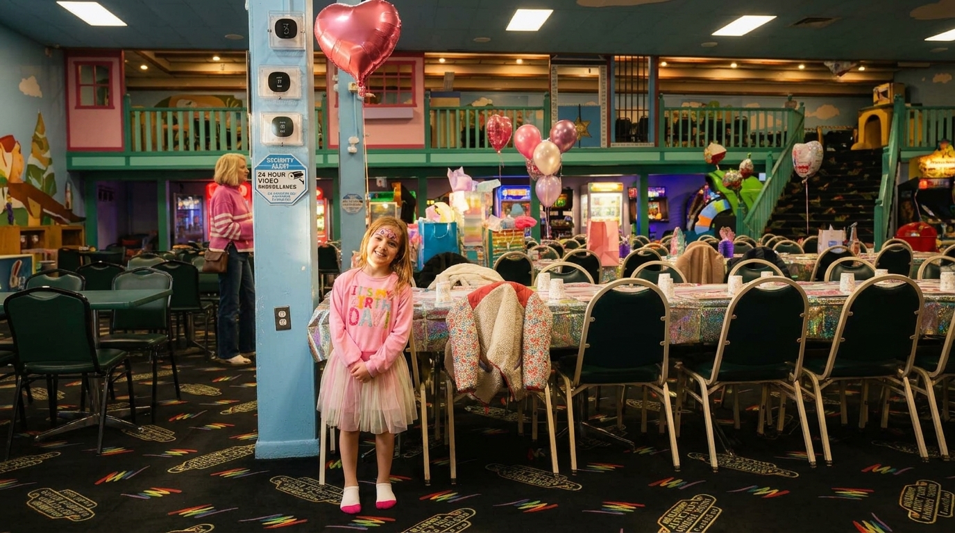 A young girl in a pink dress smiles in a colorful indoor play area with party tables.