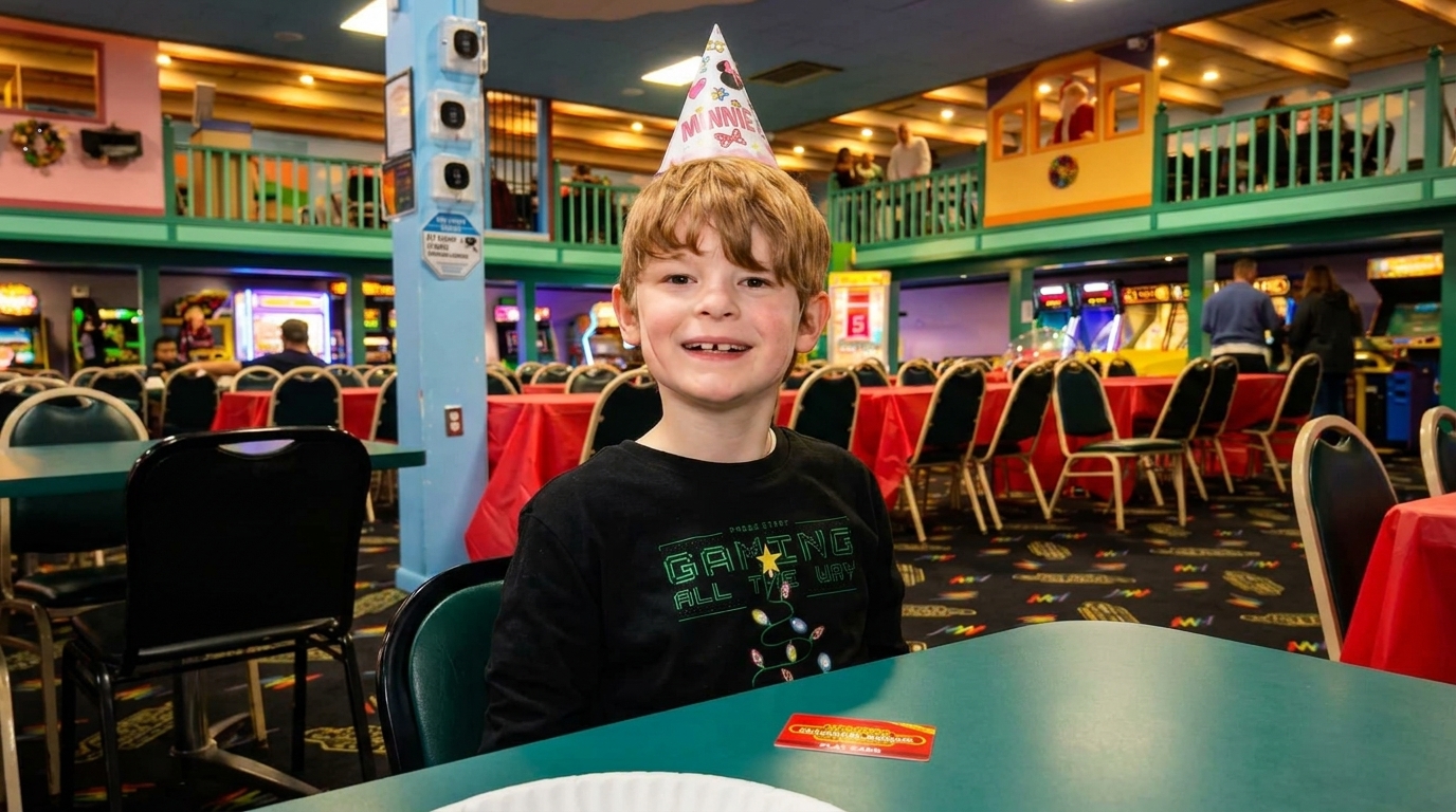 A smiling boy in a Minnie Mouse party hat sits at a table in a brightly lit arcade restaurant.