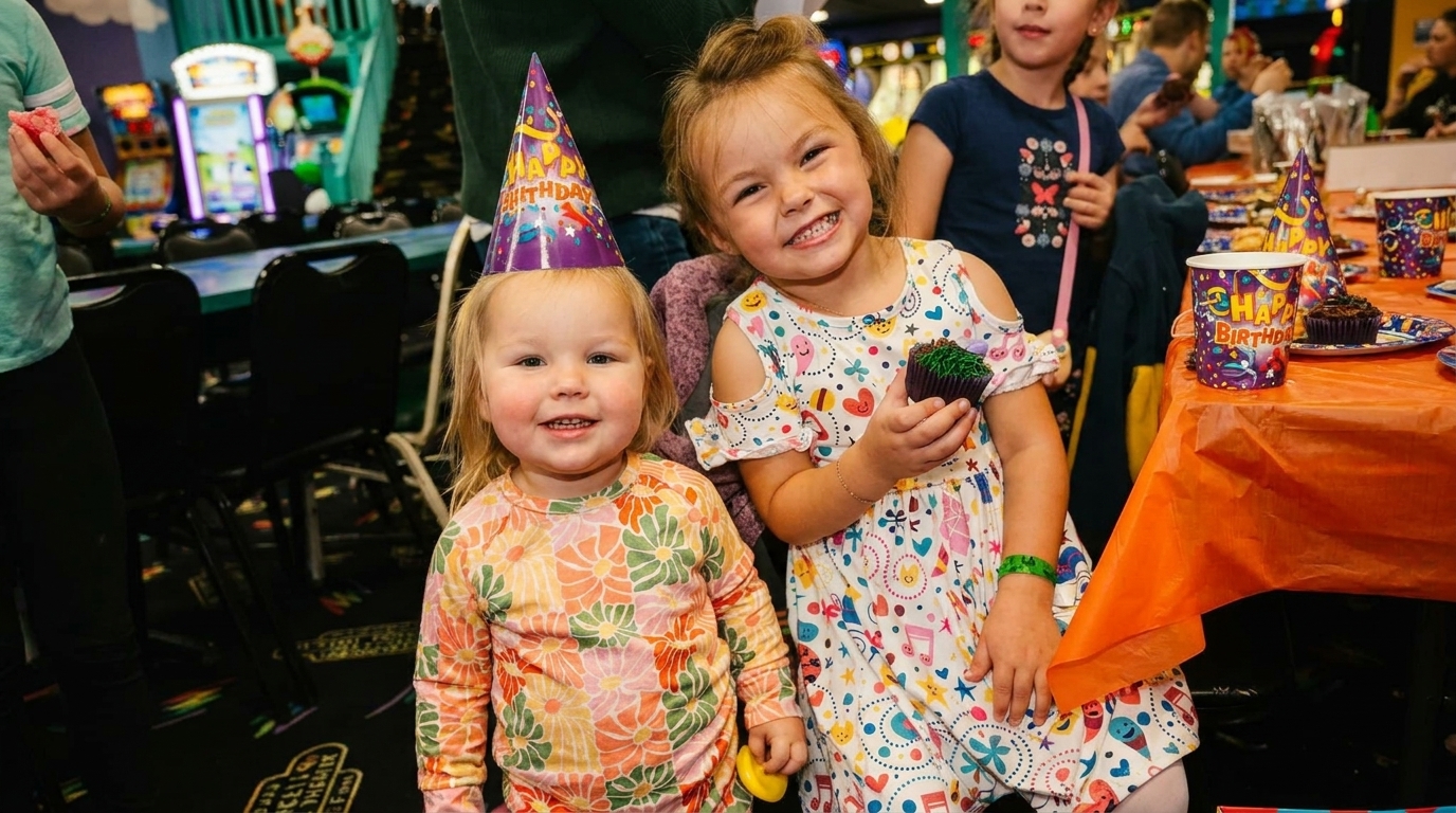 Two smiling young girls at a birthday party, one wearing a party hat and the other holding a cupcake.