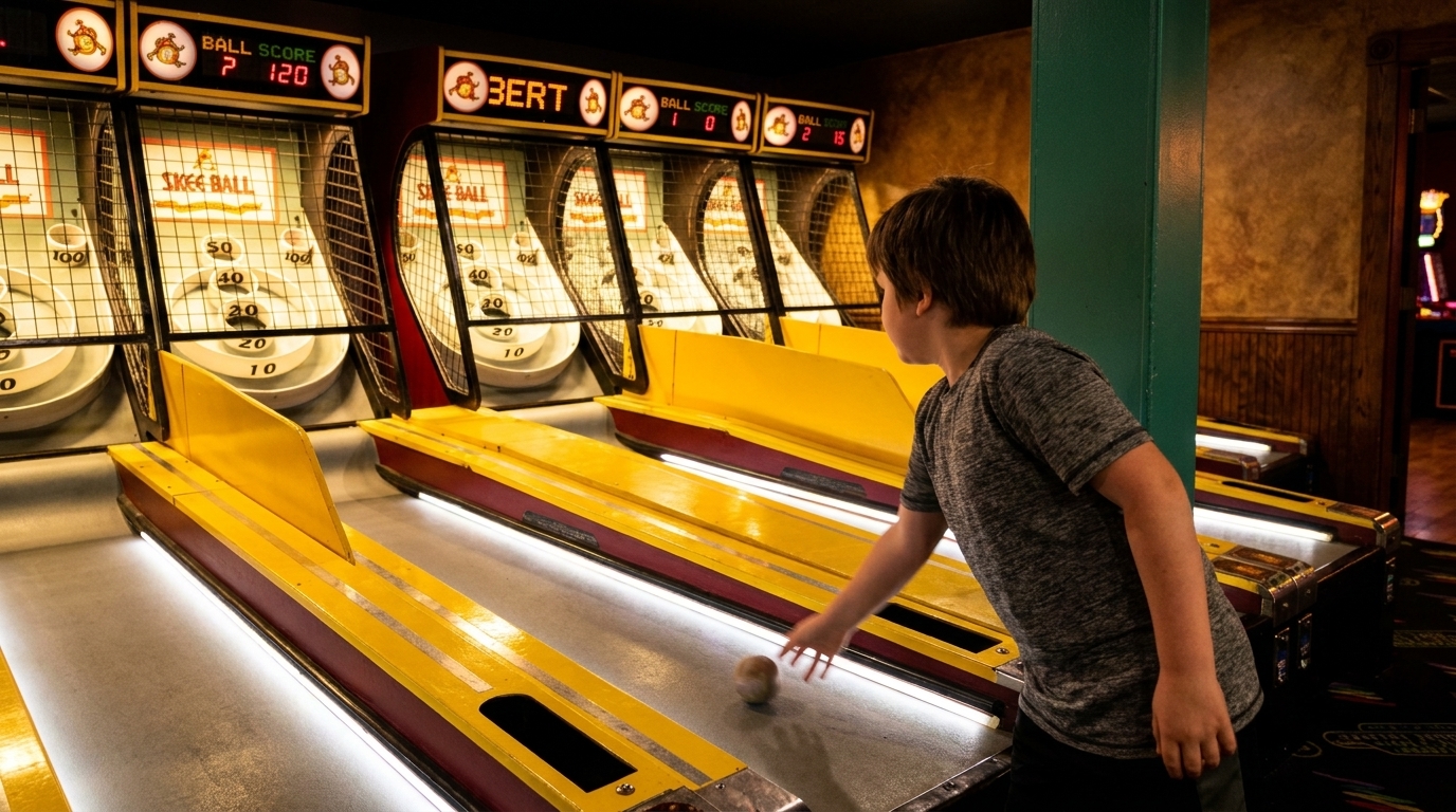 A young boy in a grey shirt plays Skee-Ball in a dimly lit arcade with multiple machines.