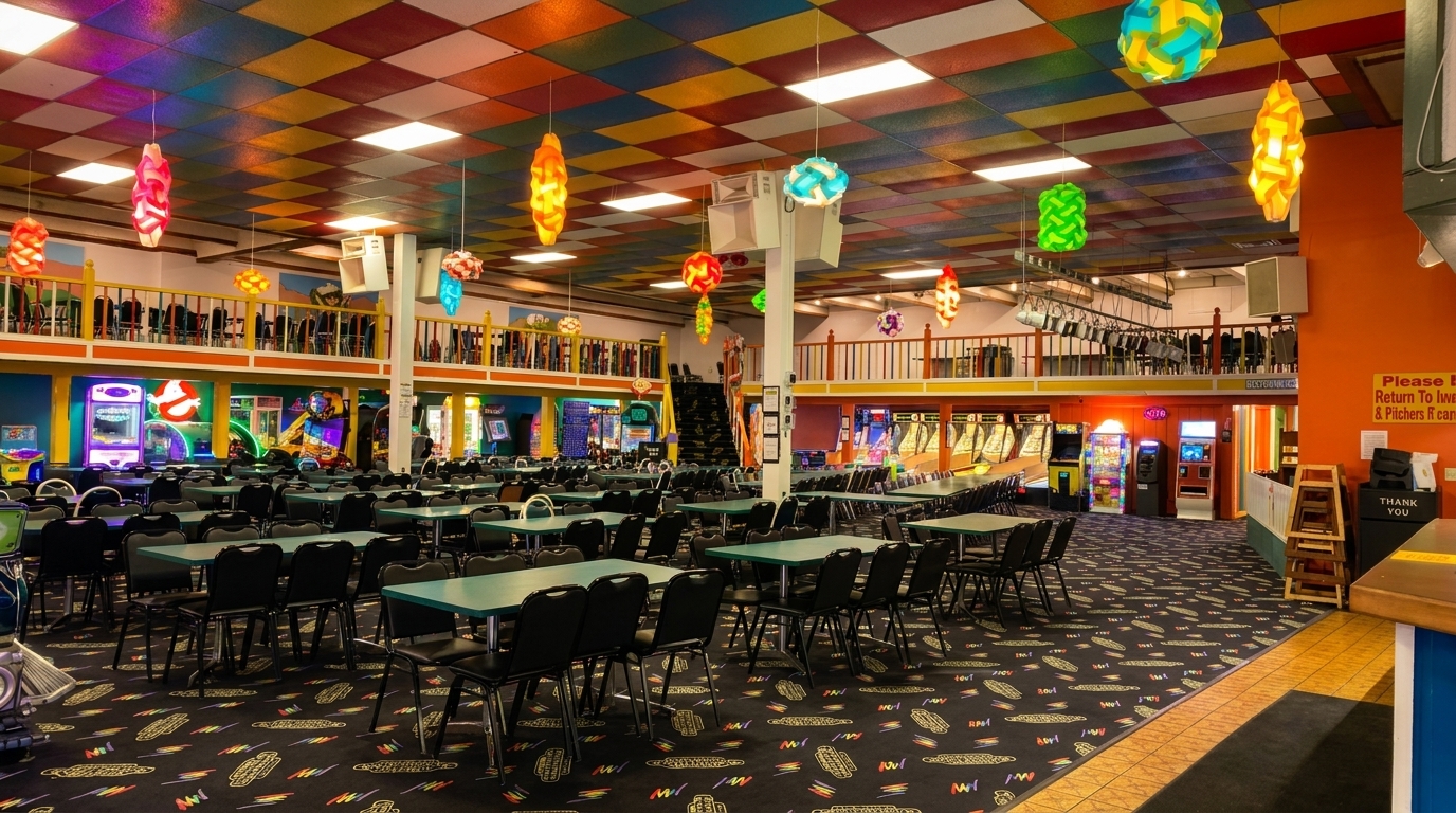 A vibrant, colorful arcade and dining area with checkered ceiling, numerous tables, and arcade games.