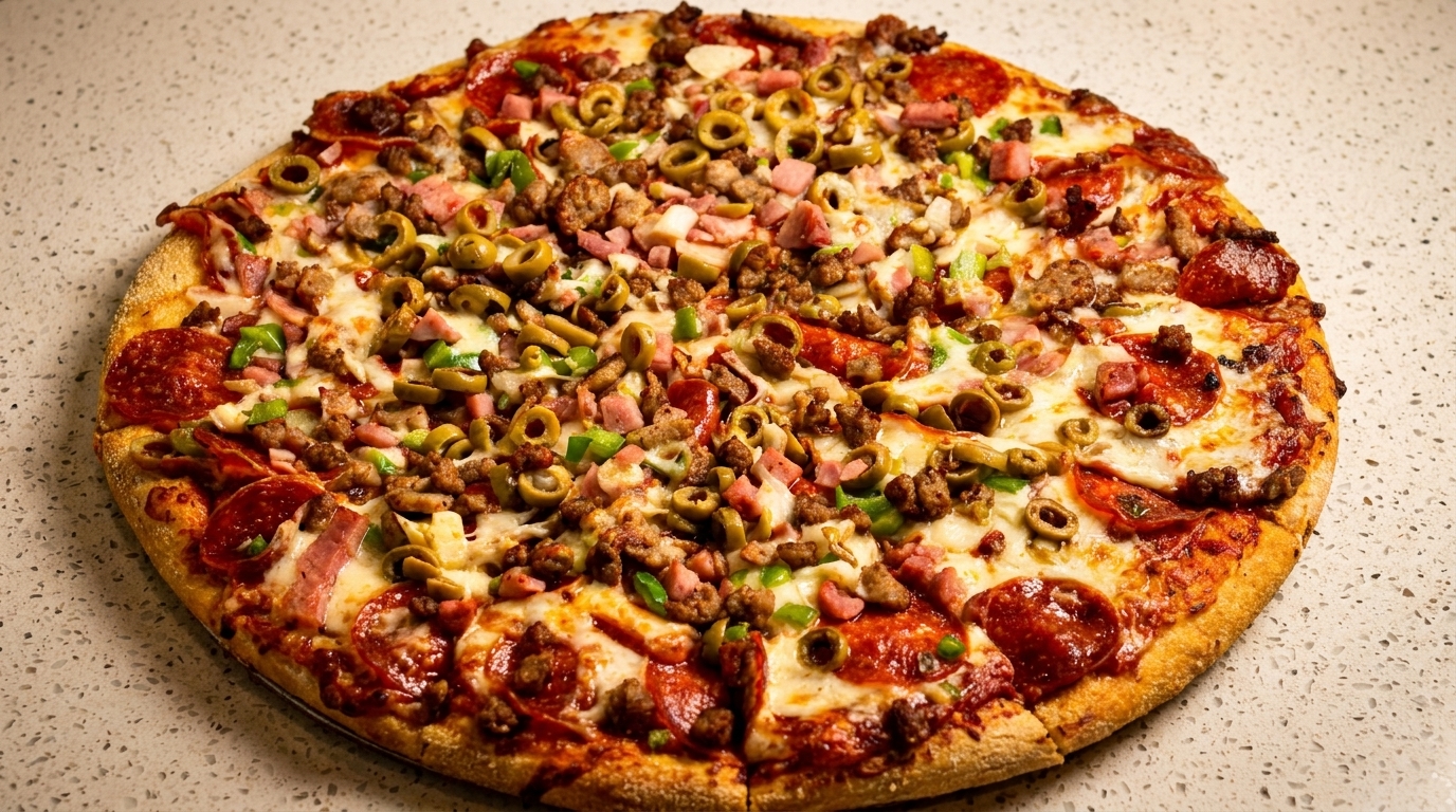 A whole pizza topped with pepperoni, sausage, ham, green peppers, and olives on a light countertop.