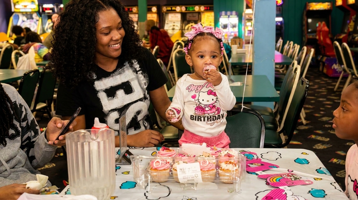 A woman smiles at a toddler eating a cupcake at a birthday party in an arcade.