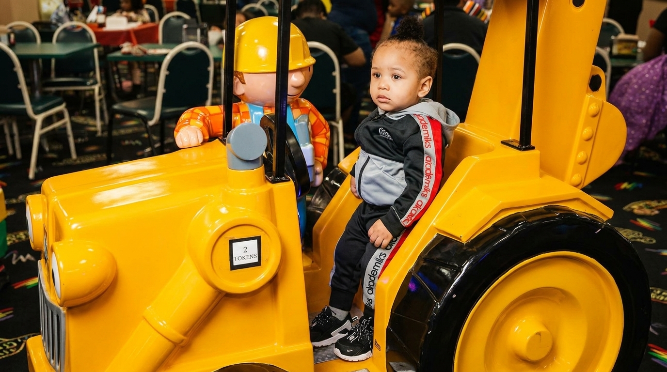 A young child sits in a yellow ride-on toy construction vehicle next to a Bob the Builder figure.