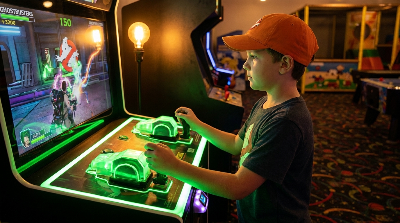 A young boy in an orange hat plays a Ghostbusters arcade game in a dimly lit arcade.