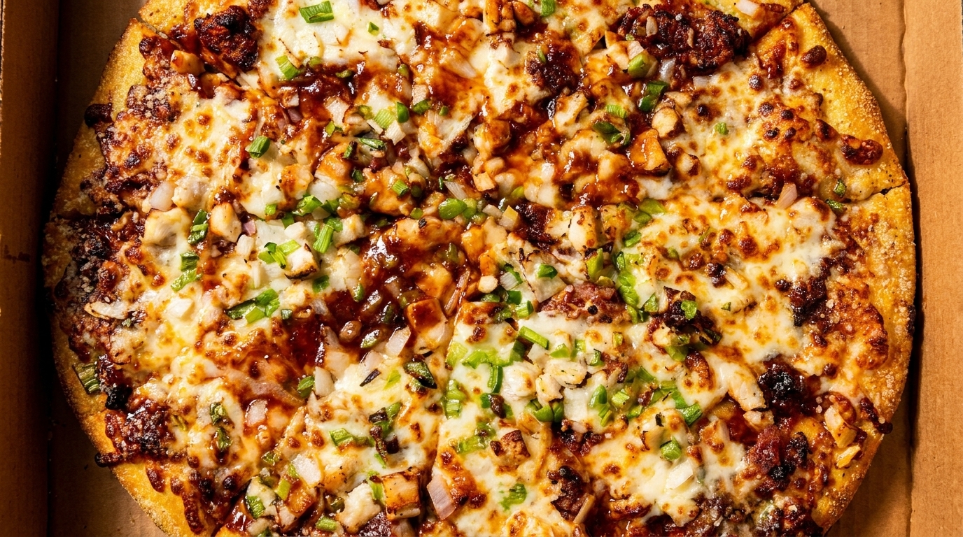 Close-up of a BBQ chicken pizza with melted cheese, red onions, and green onions in a box.