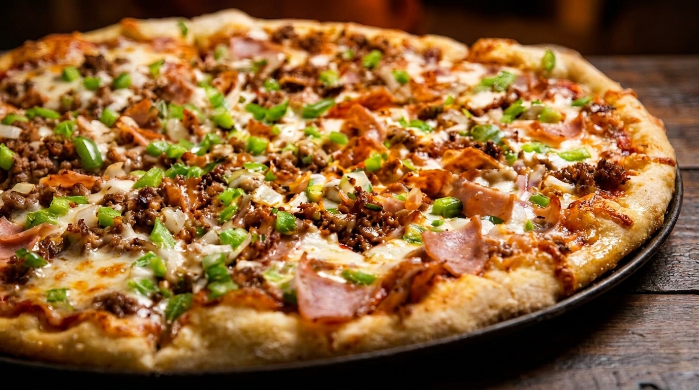 A large, freshly baked pizza with melted cheese, ground meat, ham, onions, and green bell peppers.