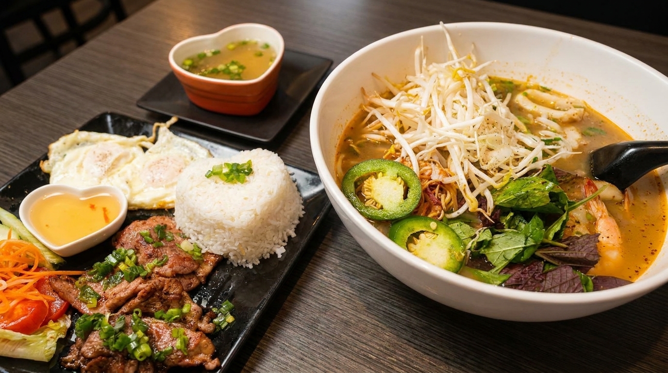 A Vietnamese meal with grilled pork, fried eggs, rice, and a large bowl of pho.