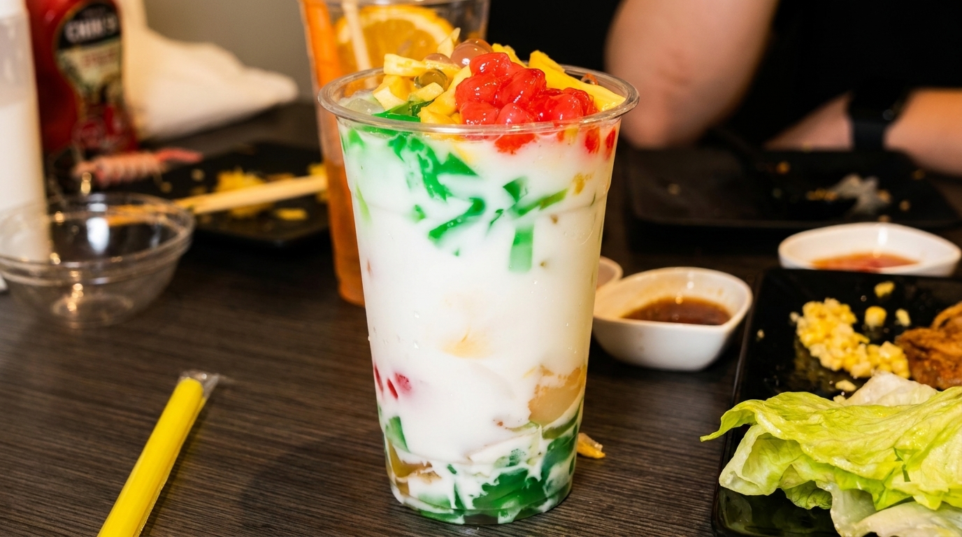 A colorful halo-halo dessert in a clear cup, with various toppings and a yellow straw on a dark table.