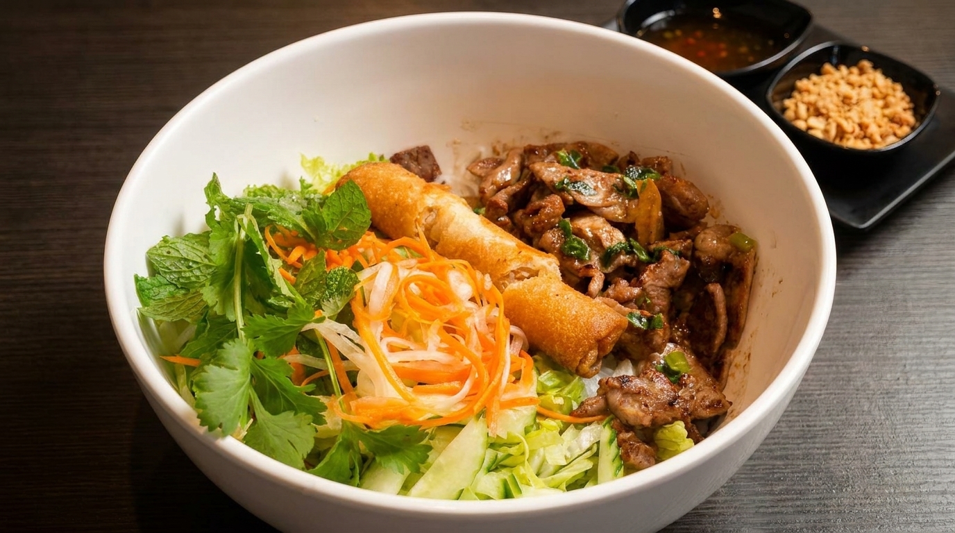Vietnamese vermicelli bowl with grilled pork, crispy spring rolls, fresh herbs, and vegetables.
