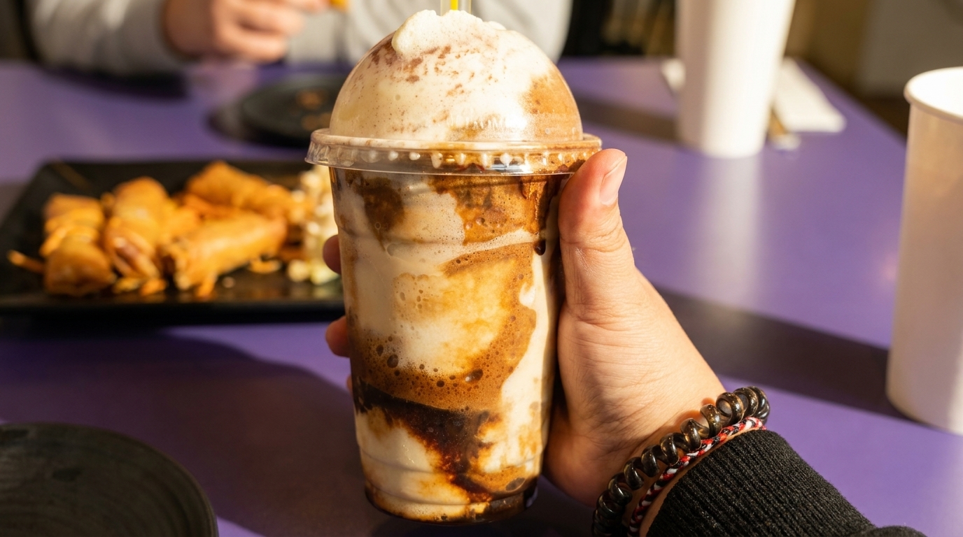 Hand holding a chocolate and vanilla swirled milkshake with a plate of fried food in the background.