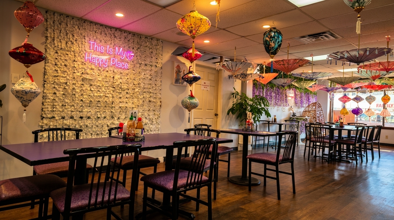 Restaurant interior with purple tables, black chairs, hanging lanterns, and a neon "This Is My Happy Place" sign.