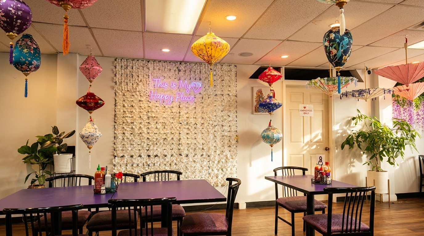 Restaurant interior with purple tables, colorful lanterns, and a neon sign reading "This is My Happy Place."